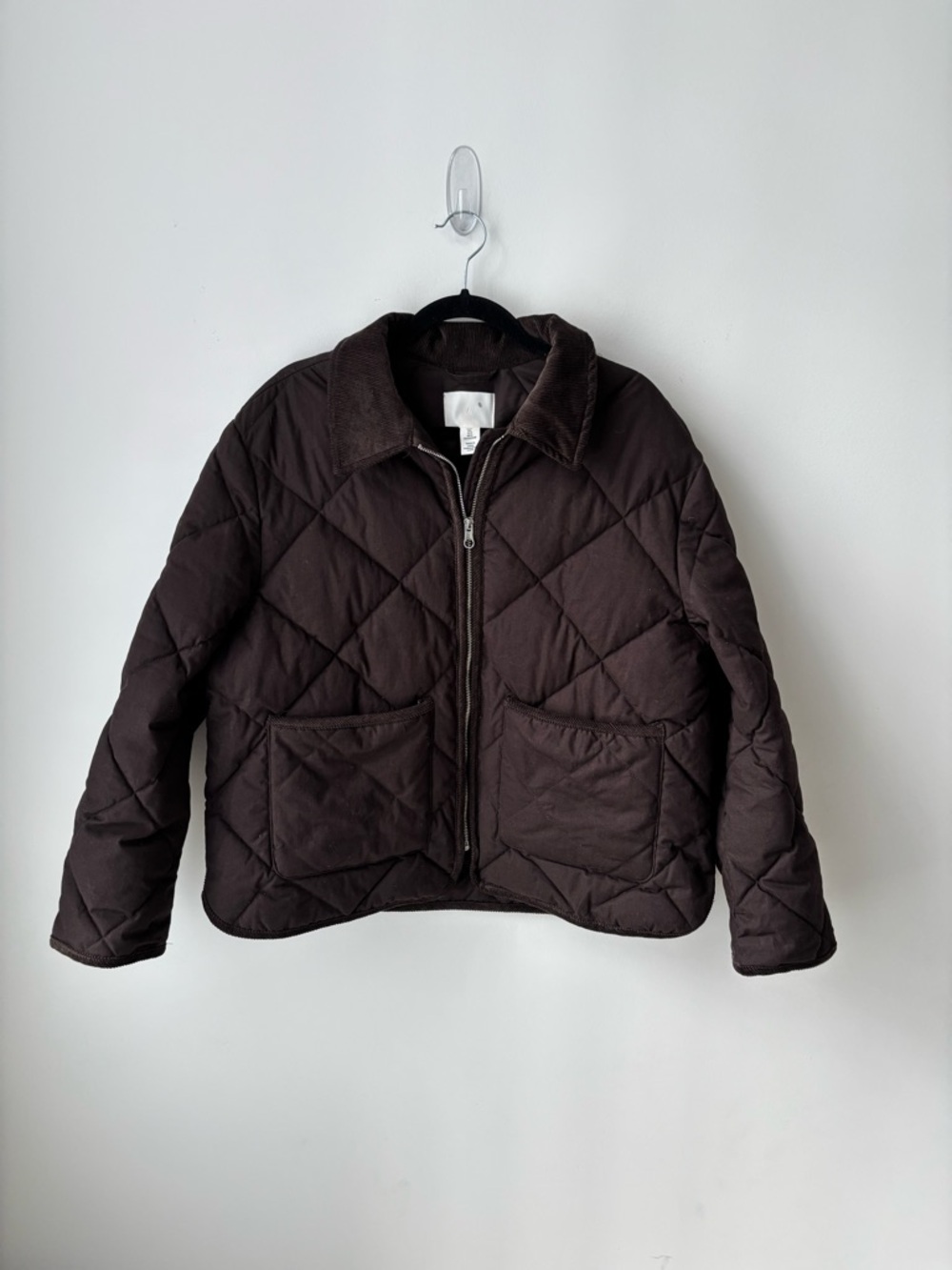 H&M Quilted Jacket Brown Corduroy Collar Thermolite Boxy Cropped Coat L